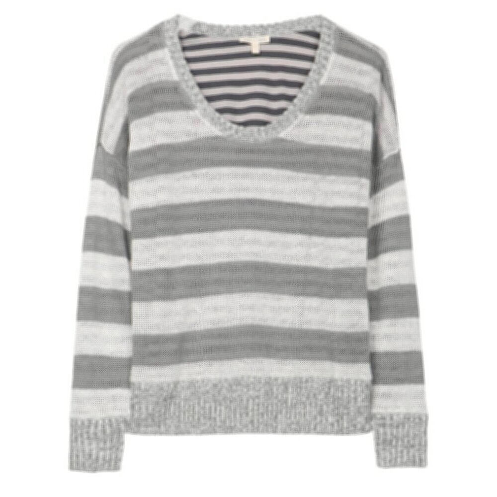 Eileen Fisher - Coastal Beach Asthetic 2 Layer Linen Strip Top, Grey White Med